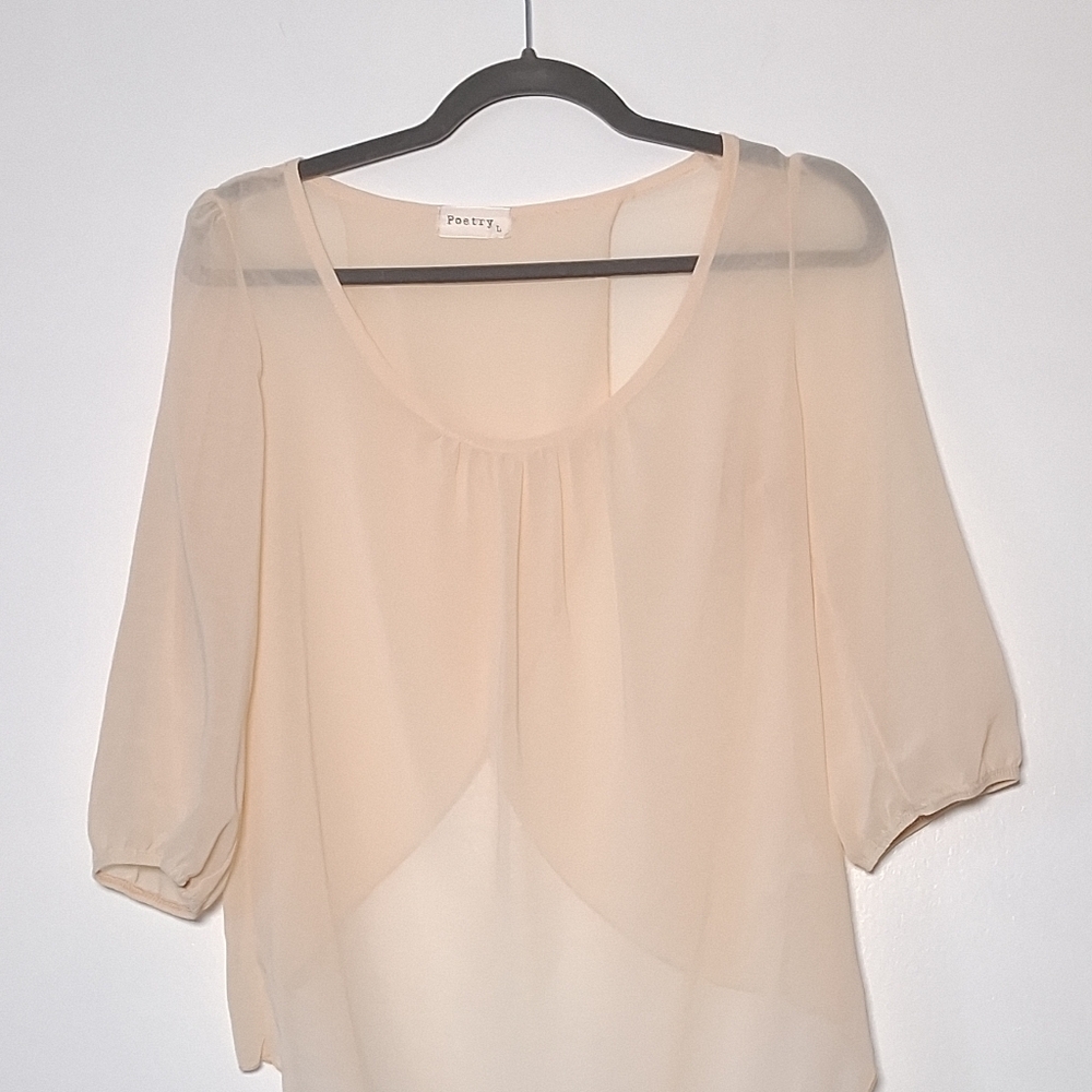 Poetry Sheer blouse Cream 3/4 sleeve top Scoop Neck Split Back